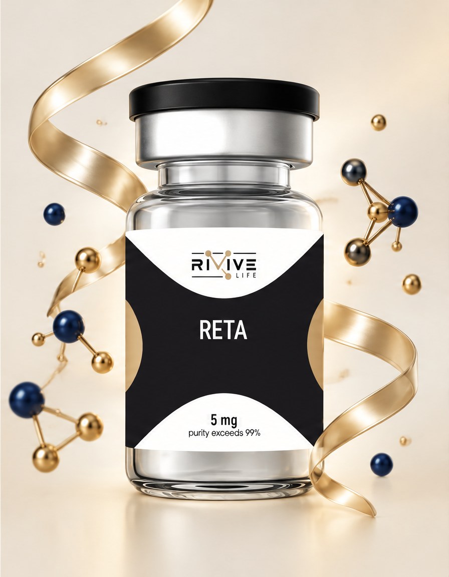 Флакон RETA 5 mg и рисунок молекулы ретатрутида